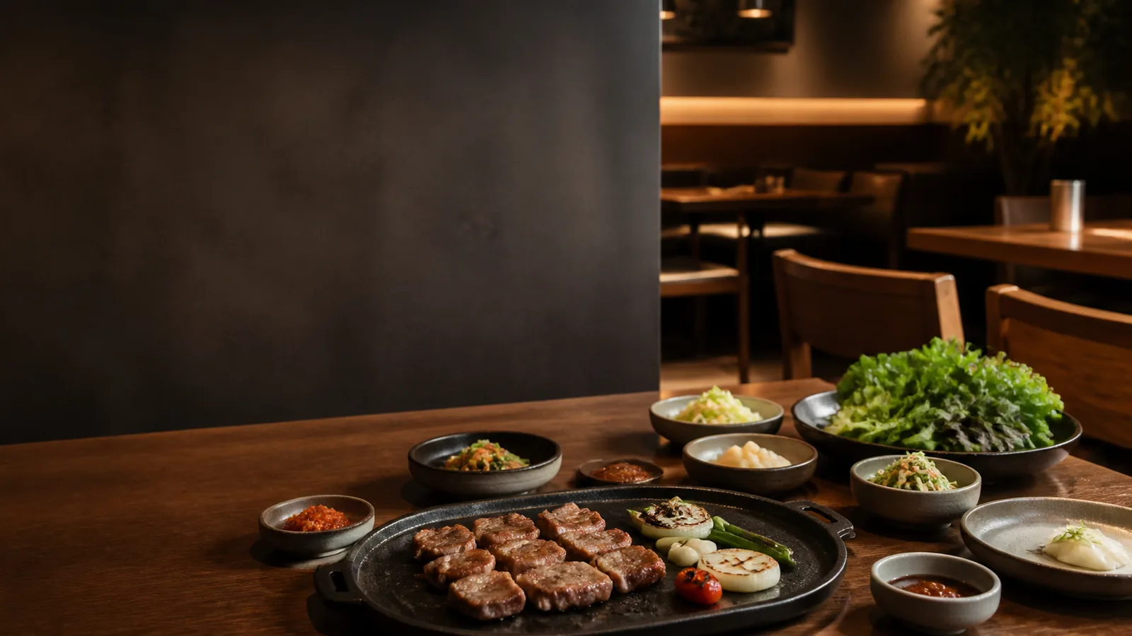 한국식 구이와 반찬이 차려진 레스토랑 식탁